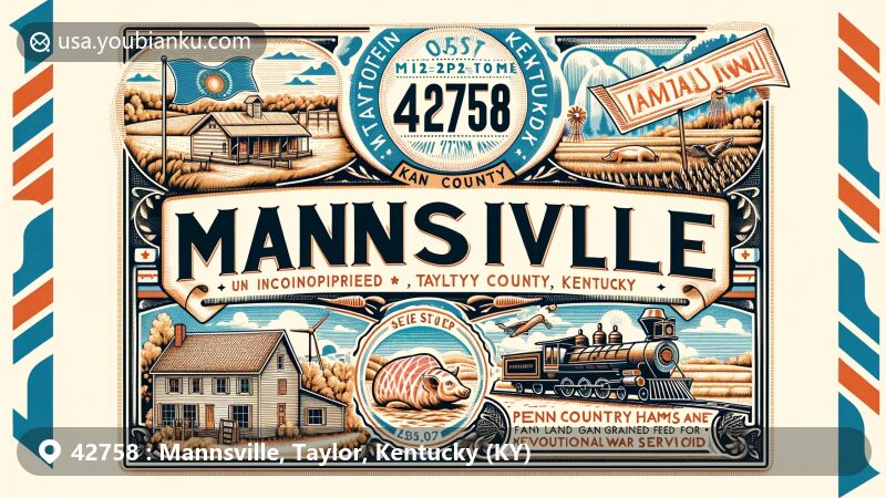 Modern illustration of Mannsville, Taylor County, Kentucky, showcasing postal theme with ZIP code 42758, featuring Manns Lick discovered by pioneer Moses Mann, highlighting Penn Country Hams business on land awarded for Revolutionary War service.