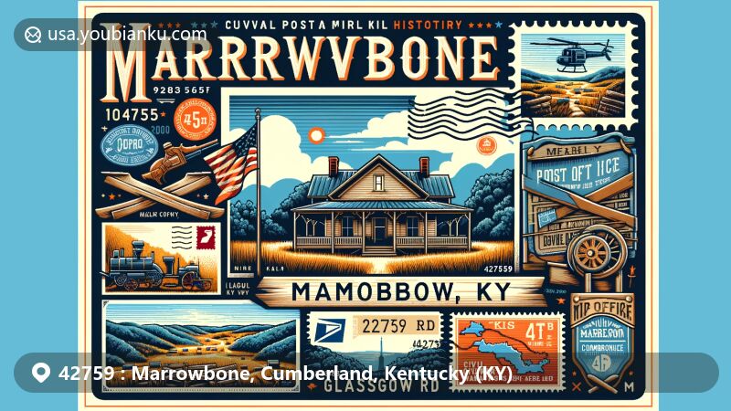 Modern illustration of Marrowbone, Cumberland, Kentucky (KY), depicting Civil War history including Marrowbone Camp, postal elements like vintage postcard design, stamps, postmarks, and ZIP code '42759'. Featuring Marrowbone Post Office at 9283 Glasgow Rd and unique local landmarks of Marrowbone, Cumberland County, KY.