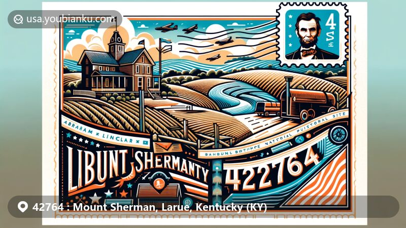 Modern illustration of Mount Sherman, LaRue County, Kentucky, featuring postal theme with ZIP code 42764, showcasing low rolling hills and agricultural landscape, highlighting Abraham Lincoln Birthplace National Historic Site.