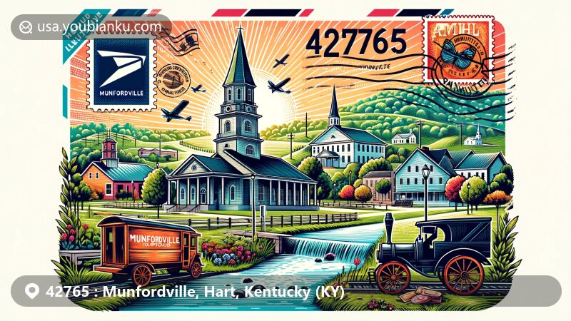 Modern illustration of Munfordville, Hart County, Kentucky, featuring iconic landmarks like Munfordville Courthouse and the Green River, incorporating Amish community symbols and postal themes with ZIP code 42765.