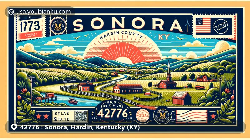 Modern illustration of Sonora, Hardin County, Kentucky, capturing postal theme with ZIP code 42776, showcasing rural beauty with rolling hills, lush greenery, and Kentucky state flag.