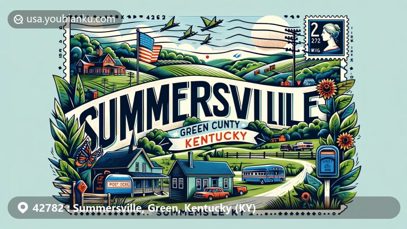 Modern illustration of Summersville, Green County, Kentucky, depicting rural landscapes and small town charm, with ZIP code 42782 and vintage postcard elements.