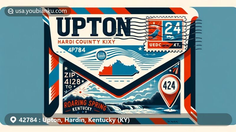 Modern illustration of Upton, Hardin County, Kentucky, showcasing postal theme with airmail envelope, Kentucky flag, Roaring Spring, and vintage postage stamp with ZIP code 42784.