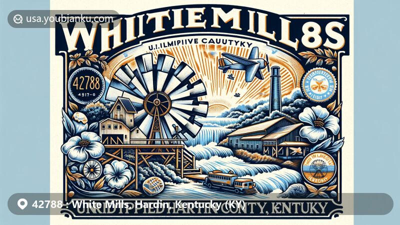Contemporary illustration of White Mills, Hardin County, Kentucky, capturing the essence of the unincorporated community with a vintage postal theme and representations of local beauty and culture.