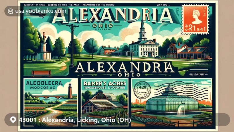 Modern illustration of Alexandria, Ohio, in Licking County, integrating local landmarks and postal elements, featuring Lobdell Reserve and Baker's Acres Greenhouse, reflecting village's charm and motto.
