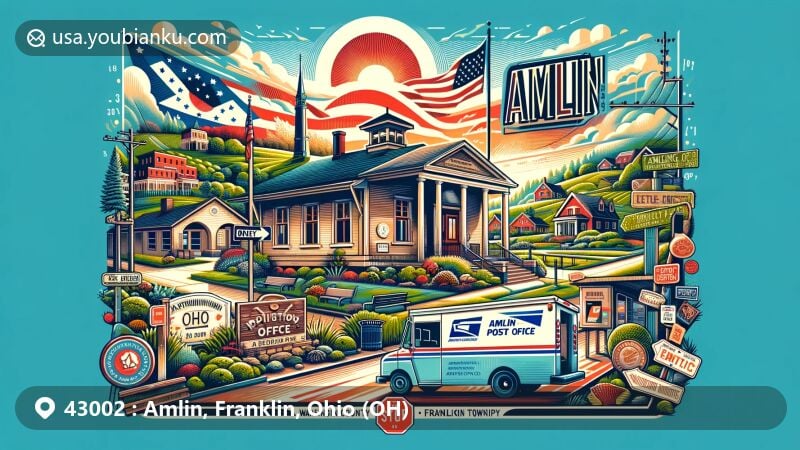 Modern illustration of Amlin, Ohio, Franklin County, highlighting postal theme with ZIP code 43002, featuring Amlin post office, lush landscapes, and residential areas typical of Washington Township, subtly incorporating Ohio state flag.