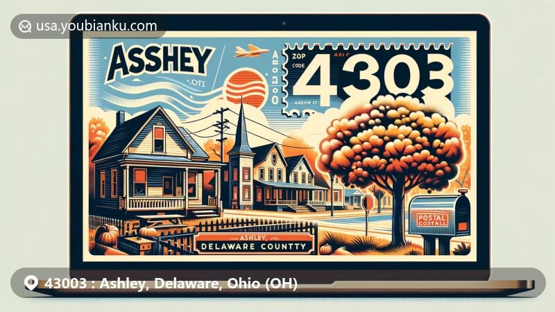 Modern illustration of Ashley, Ohio, in Delaware County, ZIP code 43003, blending regional charm and postal elements, featuring seasonal trees and vintage postcard layout.