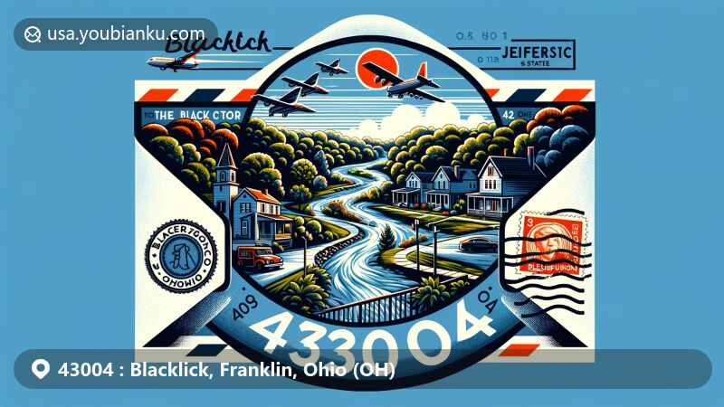 Modern illustration of Blacklick, Ohio, representing ZIP code 43004, featuring postal themes and local landmarks like Blacklick Creek, air mail envelope, postage stamps, and Jefferson Cemetery, showcasing the community's connection with nature and history.