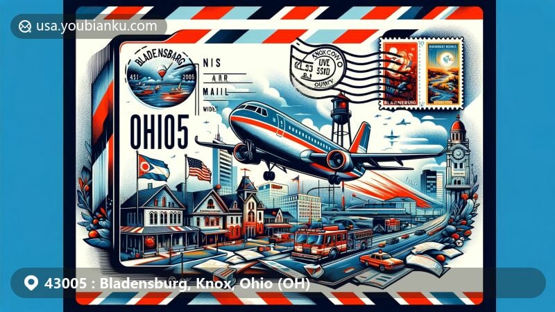 Modern illustration of Bladensburg, Knox County, Ohio, featuring a postal theme with ZIP code 43005, showcasing landmarks and cultural symbols including the Bladensburg Volunteer Fire Department and Ohio state elements.