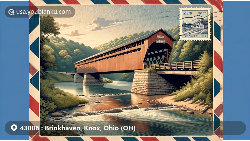 Modern illustration of Brinkhaven, Knox, Ohio, featuring the iconic Bridge of Dreams, a 370-foot covered bridge spanning the Mohican River, originally a railroad bridge converted in 1998. The artwork includes postal-themed elements like a vintage postmark with ZIP code 43006 and a stylized envelope, capturing the natural beauty of Mohican River Valley and local heritage.