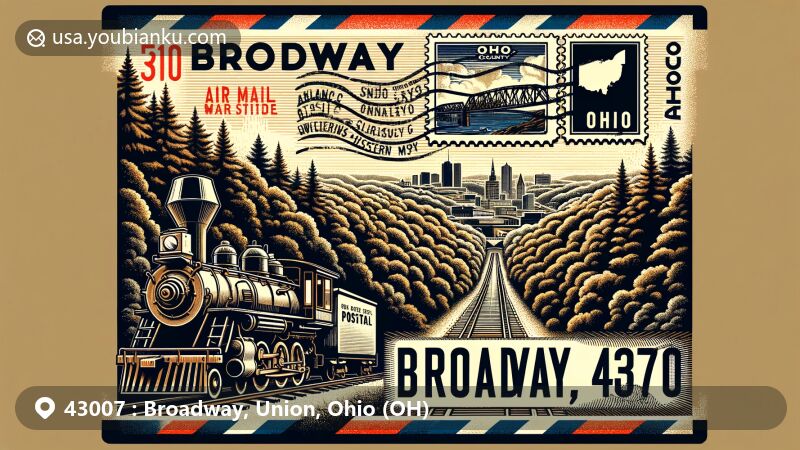 Modern illustration of Broadway, Union County, Ohio, blending postal elements with local history, featuring ZIP code 43007, showcasing Atlantic and Great Western Railroad connection and surrounding forests.