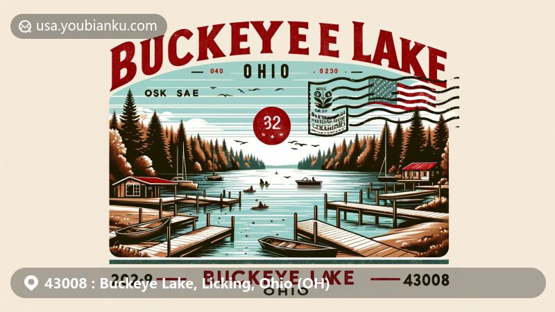 Modern illustration of Buckeye Lake, Ohio, in Licking County, featuring ZIP Code 43008 and blending postal theme with serene lake beauty and recreational activities, including boating and fishing.