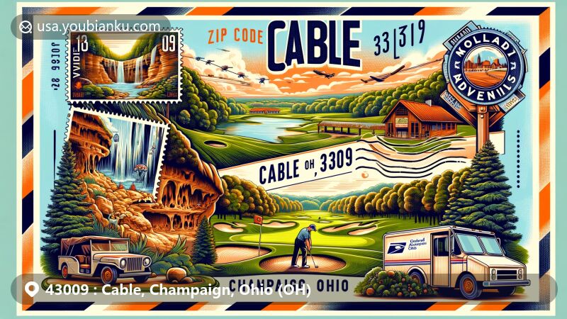Modern illustration of Cable, Champaign County, Ohio, featuring ZIP code 43009, showcasing natural beauty and local attractions like Cave Adventures LLC and Woodland Golf Club.