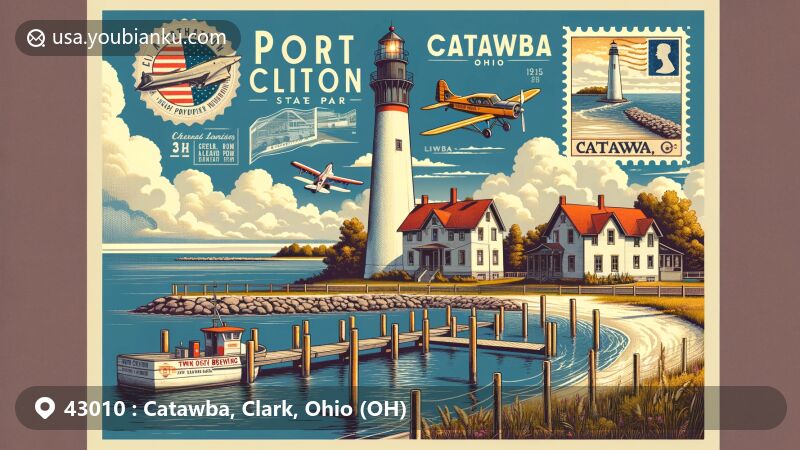 Modern illustration of Catawba, Clark County, Ohio, highlighting postal theme with ZIP code 43010, featuring Port Clinton Lighthouse and Catawba Island State Park.