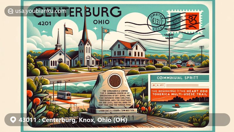 Modern illustration of Centerburg village in Knox County, Ohio, highlighting the geographical center of Ohio, 37th Infantry Division pride, and Community Memorial Park's intersection with Heart of Ohio Multi-Use Trail.