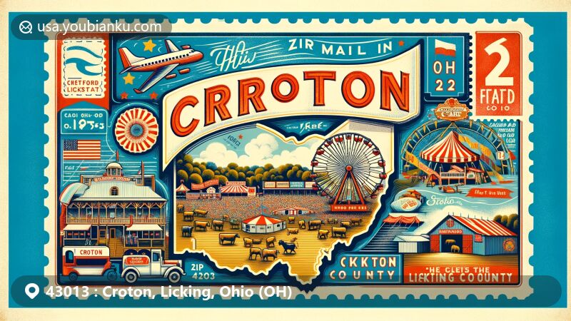 Modern illustration of Croton, Ohio, featuring vintage air mail envelope design, emphasizing Hartford Fair with Ferris wheel, livestock exhibits, and festive banners, integrating Licking County outline. Ohio state flag and postal elements like postage stamp and postmark 'Croton, OH 43013' add cultural and regional symbolism, merging earthy and vibrant fair colors.