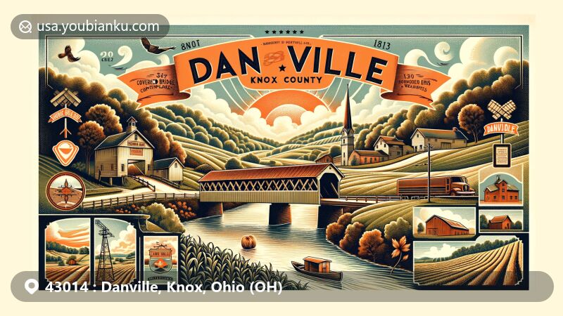 Modern illustration of Danville, Knox County, Ohio, featuring iconic Bridge of Dreams covered bridge, Bat Nest Park, and hints of local flora and fauna, blending history, natural beauty, and community essence.