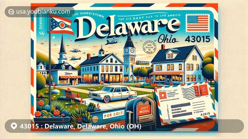 Modern illustration of Delaware, Ohio, showcasing postal theme with ZIP code 43015, featuring Ohio Magazine Best Hometown recognition and Top 50 Best Places to Live, incorporating state flag stamp, 'Delaware, Ohio 43015' postmark, and playful mailbox design.