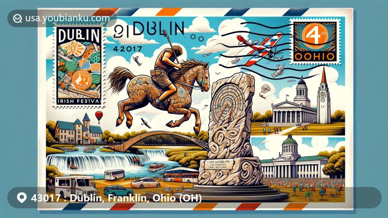 Modern illustration of Dublin, Ohio, featuring key postal elements like a stamp and postmark with ZIP code 43017. Highlights include the Dublin Irish Festival, Chief Leatherlips Monument, Muirfield Village Golf Club, Hayden Falls Park, and Avery Park.