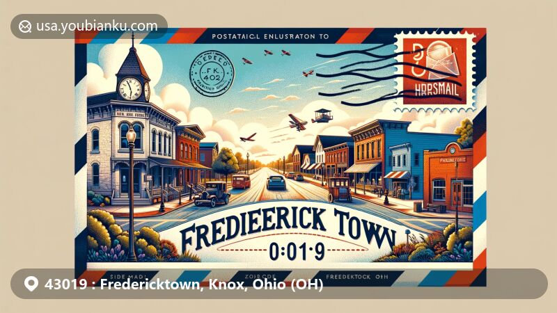 Modern illustration of Fredericktown, Ohio, in Knox County, featuring W.C. Ball Sidewalk Clock, historic Main Street buildings, and rural landscape, set in airmail envelope design with postal elements.
