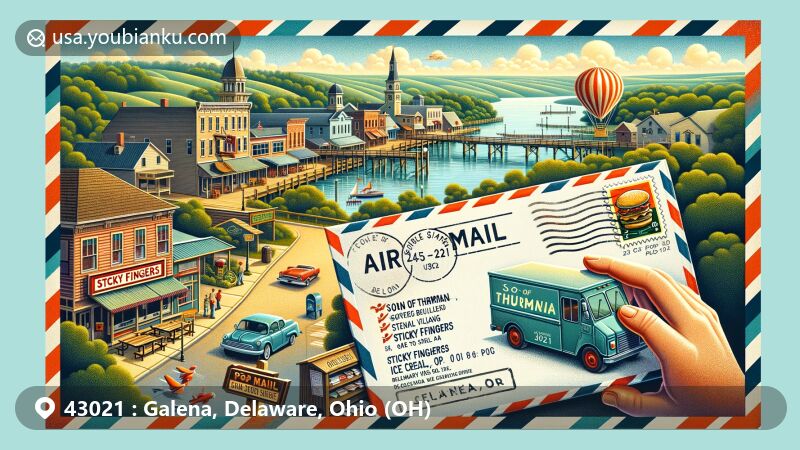 Whimsical illustration of Galena, Ohio, in Delaware County, featuring vintage air mail envelope unveiling local charms like Son of Thurman and Sticky Fingers Ice Cream Parlor, against backdrop of rolling hills and tranquil waters.