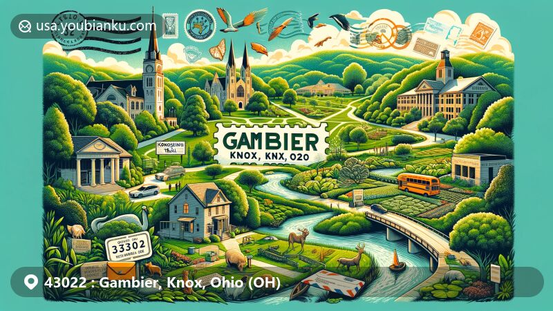 Colorful illustration of ZIP Code 43022 in Gambier, Knox County, Ohio, capturing landmarks like Kokosing Gap Trail and Kenyon College, alongside natural beauty of Schnormeier Gardens and Kokosing Nature Preserve.