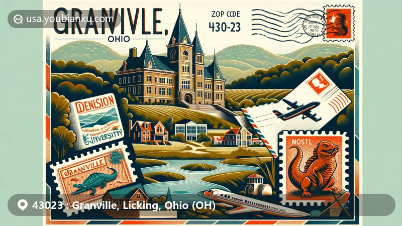 Modern illustration of Granville, Licking County, Ohio, capturing the essence of ZIP Code 43023 with Alligator Mound, Denison University, and the Welsh Hills. Features vintage postcard elements and postal motifs, reflecting Granville's local landmarks and early Welsh settlers.