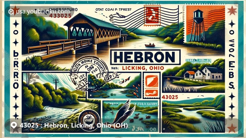 Modern illustration of Hebron, Ohio, in Licking County, showcasing rural charm with a postal theme centered around ZIP code 43025. Includes Ohio Canal Greenway and Hebron State Fish Hatchery, highlighting natural beauty and recreational activities.