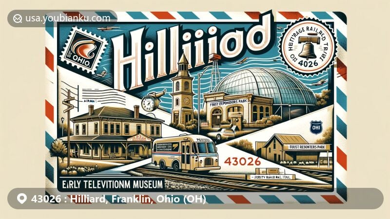 Modern illustration of Hilliard, Franklin County, Ohio, highlighting postal theme with ZIP code 43026, featuring Early Television Museum, First Responders Park, classic train station, and Heritage Rail Trail.