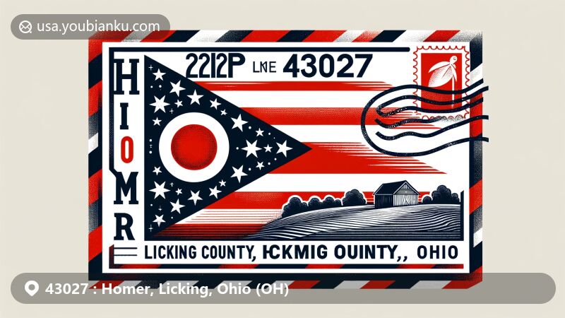 Modern illustration of Homer, Licking County, Ohio, featuring Ohio state flag design with unique swallow-tail, stars, and red circle, along with rural landscape of Homer and postal elements.