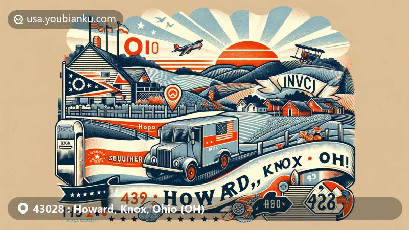 Modern illustration of Howard, Knox County, Ohio, with ZIP code 43028, showcasing Ohio state symbols and local charm, capturing the serene vibe of this small community.