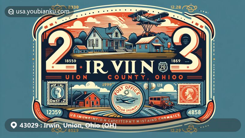 Modern illustration of Irwin, Union County, Ohio, showcasing postal theme with ZIP code 43029, featuring local landmarks and historical character at the intersection of Ohio State Route 4 and 161.