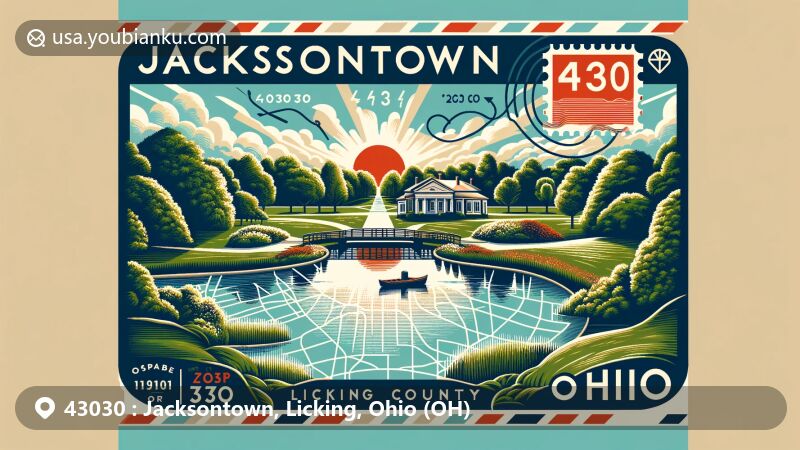 Modern illustration of Jacksontown, Licking County, Ohio, showcasing Dawes Arboretum, Licking County map, vintage postal elements, Jacksontown United Methodist Church, 'Jacksontown, Ohio' inscription, and Ohio state flag.