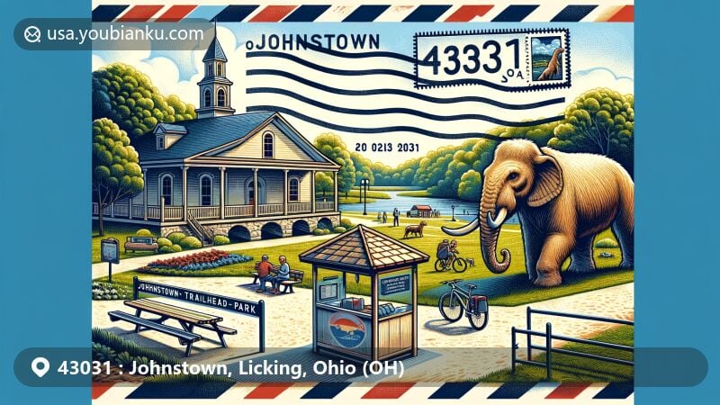 Modern illustration of Johnstown, Licking, Ohio, highlighting scenic beauty and recreational opportunities at Johnstown Trailhead Park, featuring picnic area, bike racks, and local landscape elements.