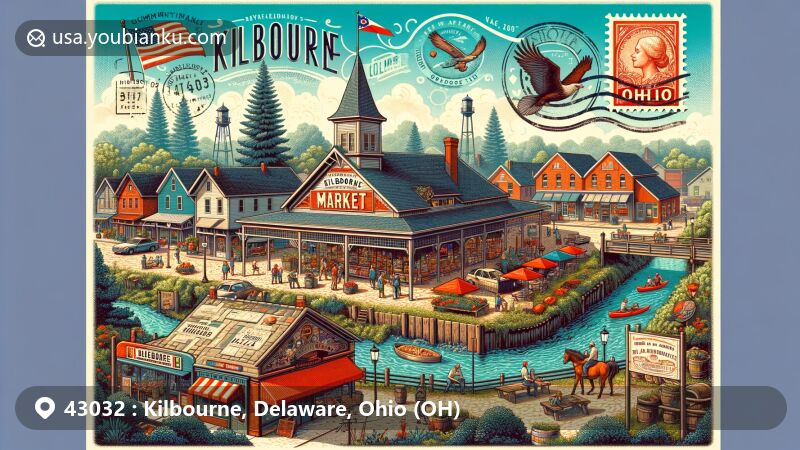 Modern illustration of Kilbourne Market in Kilbourne, Ohio, highlighting community revitalization with craft beer, wine, and pizza, surrounded by historic buildings, possibly linked to the Underground Railroad, and featuring postal theme with ZIP code 43032.