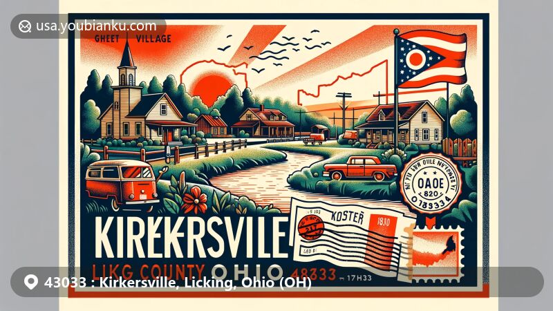 Modern illustration of Kirkersville, Licking County, Ohio, showcasing postcard design with ZIP code 43033, featuring Ohio state flag, Licking County outline, vintage postal elements, and village charm along the South Fork of the Licking River.