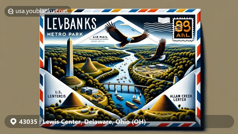 Modern illustration of Lewis Center, Ohio, showcasing Highbanks Metro Park with steep river banks, lush greenery, and soaring eagles, blended with Adena culture mounds and earthworks, highlighting the area's natural beauty and historical significance.