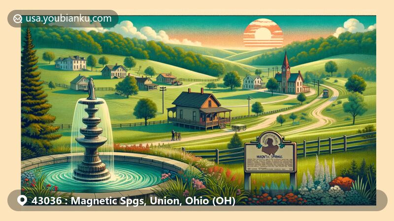 Vintage-style illustration of Magnetic Springs, Ohio, in Union County, featuring the historical health spa resort and local landmarks like Magnetic Springs Cafe and the Magnetic Springs Historical Marker.