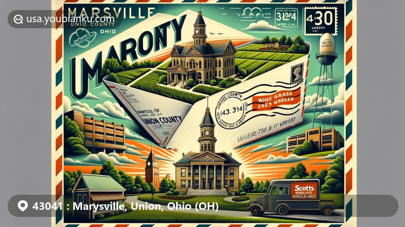 Modern illustration of Marysville, Union County, Ohio, featuring Union County Courthouse and The Scotts Miracle-Gro Company, with a vintage air mail envelope showing city's green landscapes, 'Where the Grass is Greener' slogan, and postal elements including ZIP code 43041 and Union County symbols.