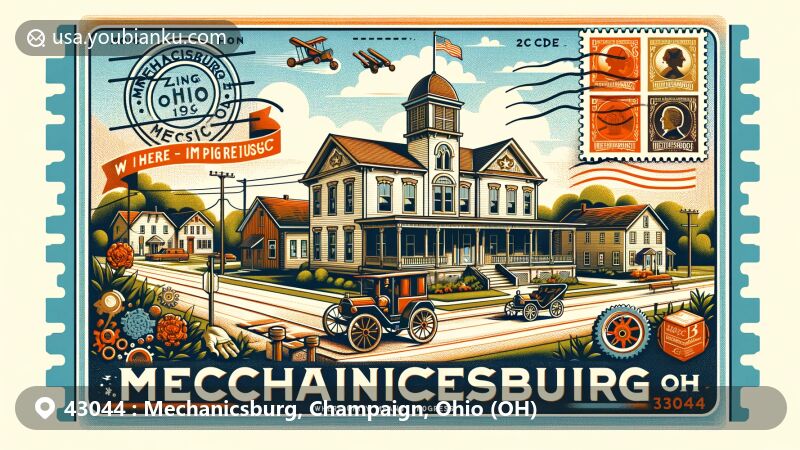 Modern illustration of Mechanicsburg, Ohio, showcasing postal theme with ZIP code 43044, integrating historical and modern buildings, reflecting village's motto 'Where Unity Means Progress' and narrating its Underground Railroad history.