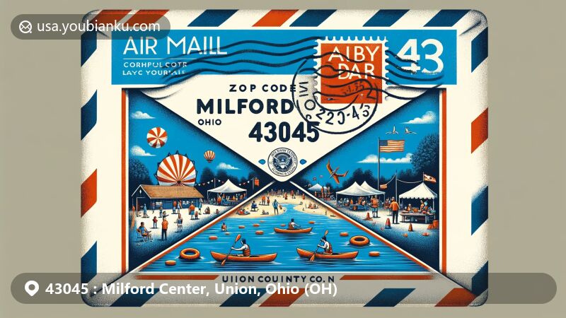 Modern illustration of Milford Center, Union County, Ohio, featuring vintage air mail envelope with ZIP code 43045 and Labor Day Darby Dash Festival, showcasing community events.