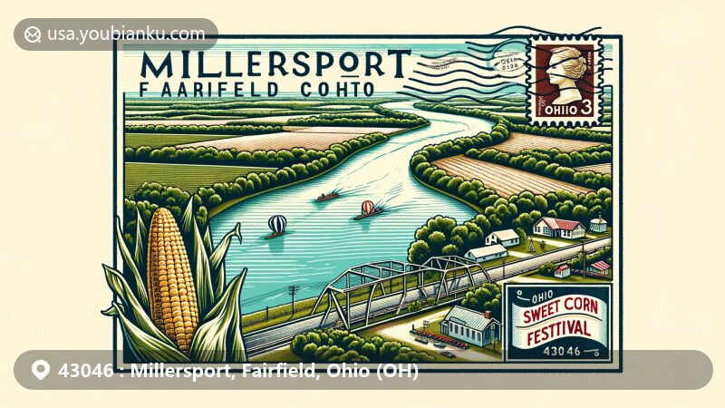 Modern illustration of Millersport, Fairfield County, Ohio, showcasing ZIP code 43046, featuring Ohio-Erie Canal, Buckeye Lake, and Sweet Corn Festival.