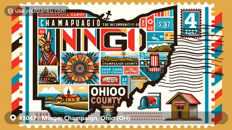 Modern illustration of Mingo, Champaign County, Ohio, with a postcard-style design incorporating elements representing the historic Mingo people, vintage postal theme, and Ohio geography.