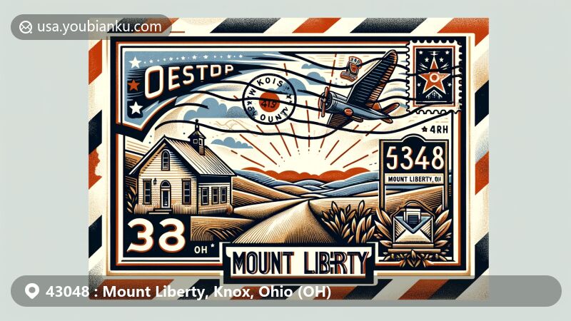 Modern illustration of Mount Liberty, Knox County, Ohio, featuring vintage air mail envelope with rolling hills and rural landscapes, depiction of traditional post office, Ohio state outline, and postal stamp with state flag and cancellation mark.