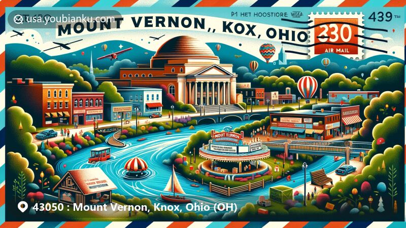 Modern illustration of Mount Vernon, Knox County, Ohio, featuring Kokosing River, Knox Memorial Theater, community events, and airmail envelope with ZIP code 43050.