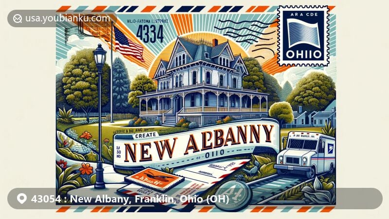 Modern illustration of New Albany, Ohio, featuring ZIP code 43054, showcasing George and Christina Ealy House in a postcard style design with vintage postage stamp, green surroundings, and Ohio state flag.