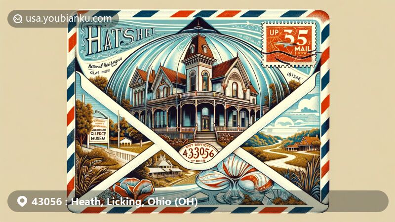 Vintage-style illustration of Heath, Ohio, featuring air mail envelope with ZIP code 43056, showcasing National Heisey Glass Museum, historic architecture, scenic landscapes, and Ohio symbols.