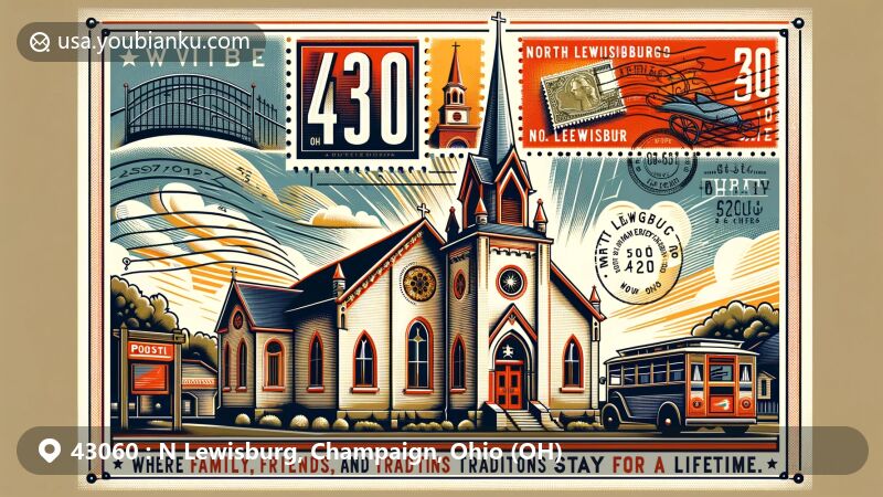 Modern illustration of North Lewisburg, Champaign County, Ohio, featuring Immaculate Conception Catholic Church and postal heritage with vintage postcard, stamp, and cancellation mark.