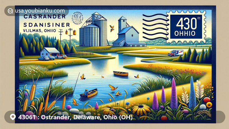 Modern illustration of Ostrander, Delaware County, Ohio, blending landmarks and postal elements, featuring Blues Creek Park fishing pond, prairies, woodlands, grain silo, and creative postal theme with air mail envelope design.