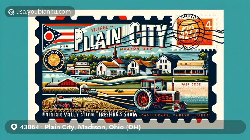 Modern illustration of Plain City, Madison County, Ohio, capturing the essence of small-town charm and postal culture, featuring Big Darby Creek, Ohio state flag, agricultural symbols, and postal elements like postmark, stamp, and vintage mailbox.